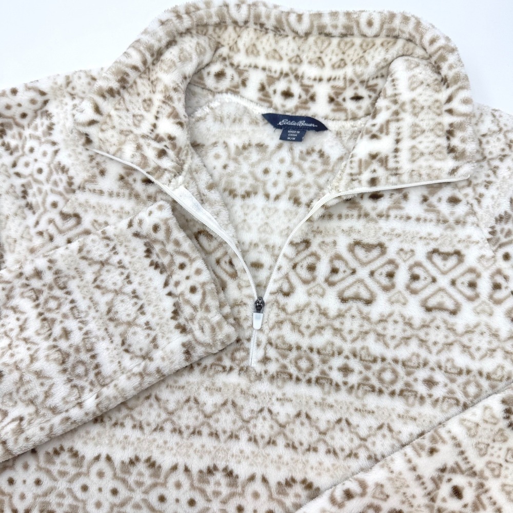 Eddie Bauer Womens Medium Tan Fair Isle 1/4 Zip High Pile Fleece Pullover